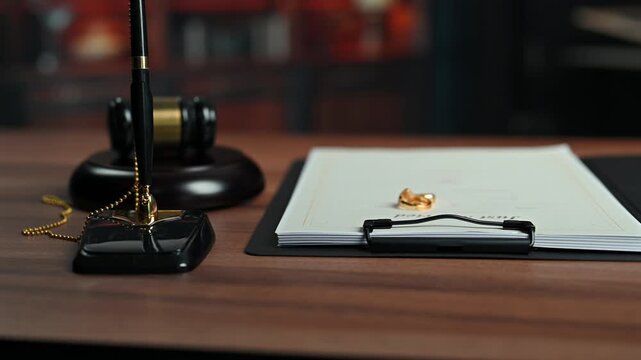 Divorce papers lie on desk where divorce proceedings require judge gavel, while divorce conflict involves gavel near legal document.