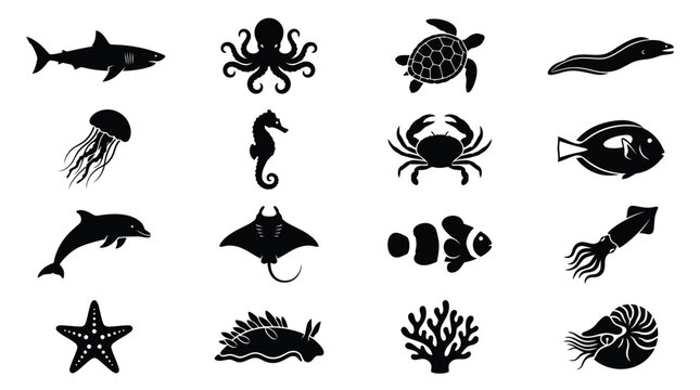 Marine life silhouette vector graphic collection featuring various sea creatures isolated on white background for creative design project needs professional