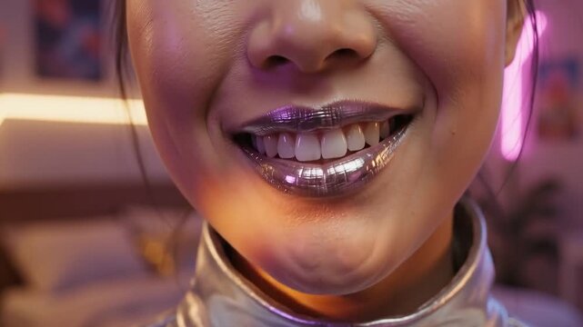 Macro Close Up of Woman Lips with Futuristic Metallic Chrome Silver Lipstick Smiling and Shining