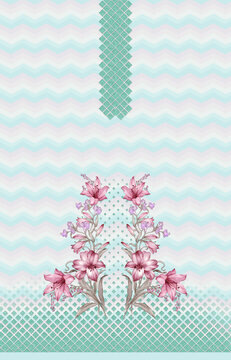 Seamless Aqua Chevron Pattern with Pink Floral Lace Decoration