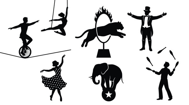 Circus vector collection featuring silhouettes of skilled performers including talented acrobats and wild animal acts in a crisp black style
