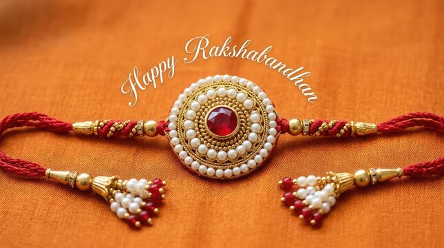 Happy Raksha Bandhan close up shot of pearl and gold beaded rakhi on orange silk fabric