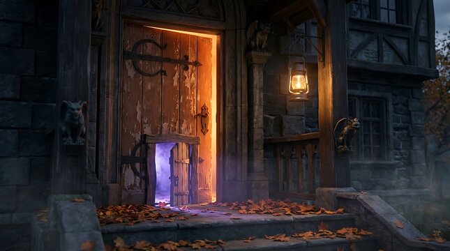 Old wooden door with a glowing small pet door emitting purple magic light on a fall porch