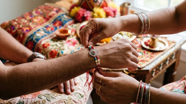 Sister tying traditional rakhi thread on brother's wrist during Raksha Bandhan ritual celebration