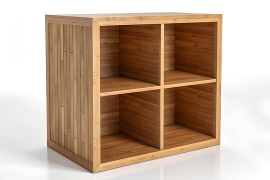 Natural wooden cube shelving unit with four compartments and slatted side design