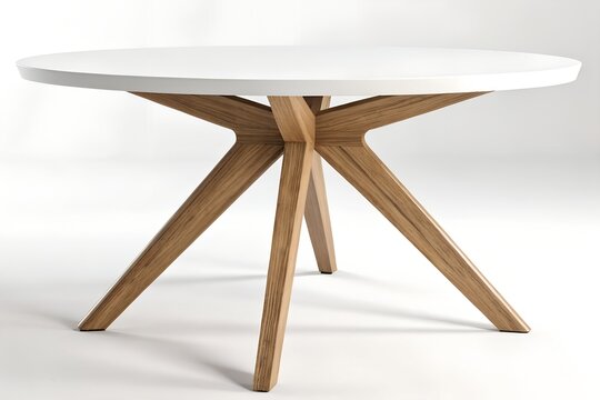 Modern round dining table with a white top and wooden intersecting legs