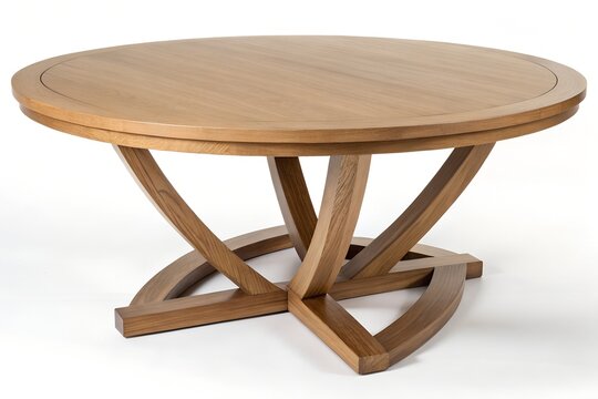 Round wooden coffee table with artistic curved cross base on white background