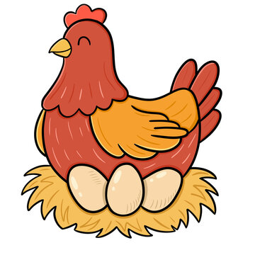 Cute hen is brooding her eggs illustration