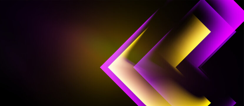 Abstract design features layered arrows, vibrant purple, gold hues. Dark background creates dramatic visual impact. Modern, sleek aesthetic.