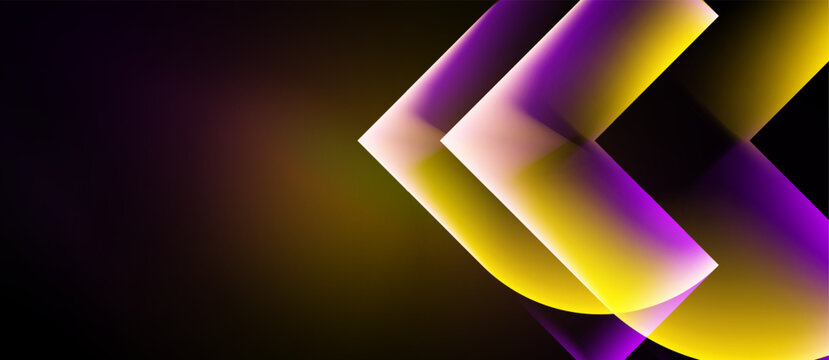 Abstract design features layered chevron shapes. Vivid purple, gold hues dominate dark background. Modern, dynamic composition.