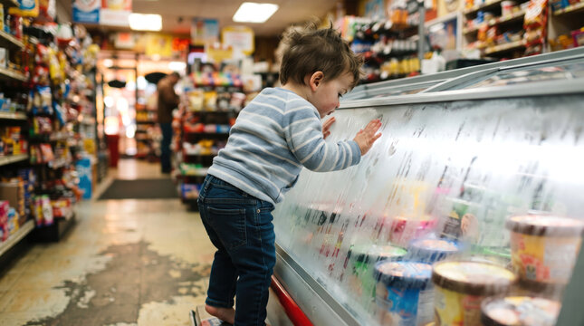 Toddler Standing on Tippy Toes Looking Into Ice Cream Freezer