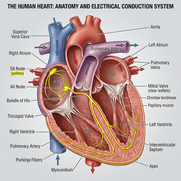 Human heart anatomy and electrical conduction system diagram.