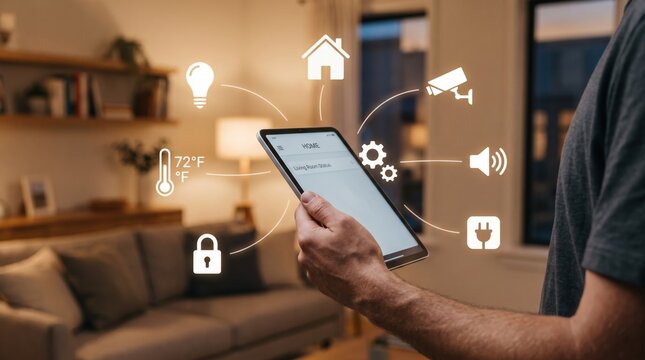 Person holding tablet controlling smart home devices with floating icons for lighting security camera thermostat audio plug settings automation iot internet