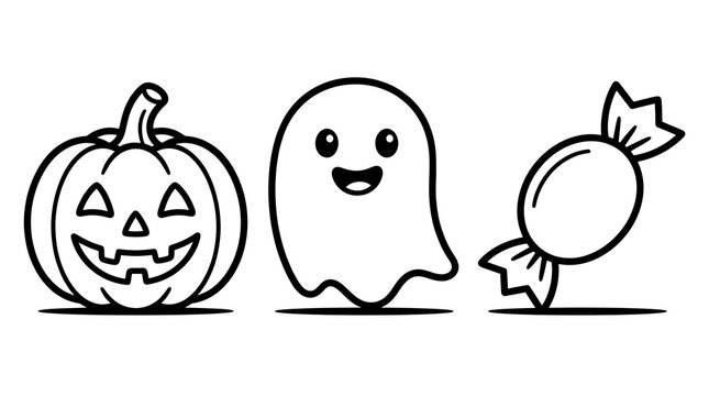 ​Simple Halloween coloring page set for kids: pumpkin, ghost, and candy