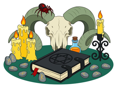 Occult Witchcraft Altar with Horned Skull Grimoire and Magic Runes Illustration