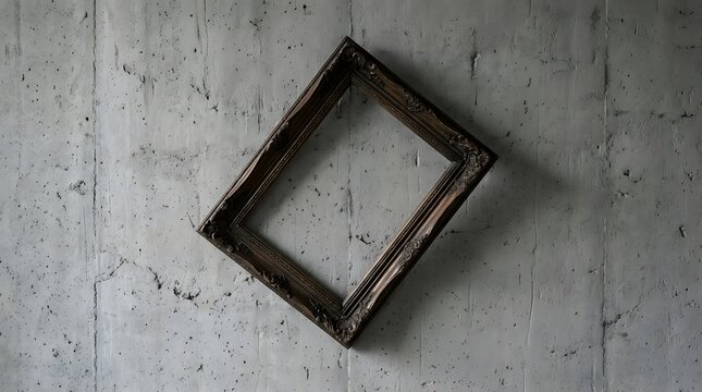 Empty vintage wooden picture frame hanging tilted on a raw concrete wall representing a lack of corporate vision and shifting business focus