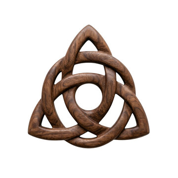 Wooden triquetra symbol, a carved trinity knot made of polished dark wood with visible grain patterns, isolated on a white background isolated on a transparent background