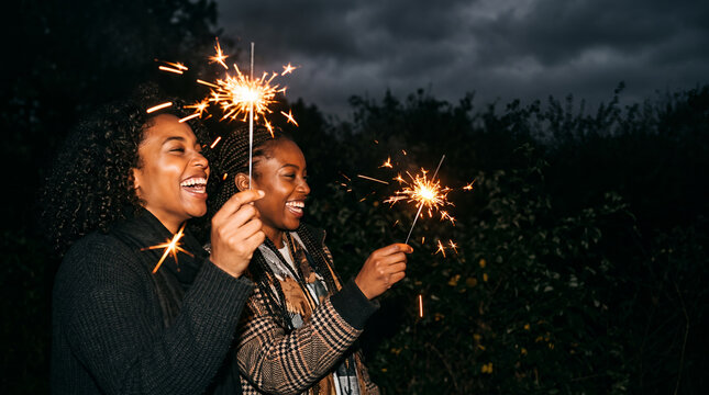 Two women laughing holding glowing sparklers under night sky trees
