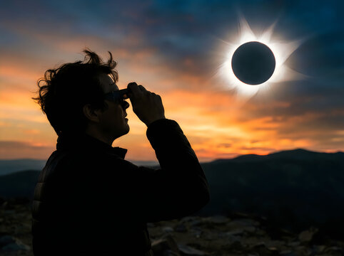 Silhouette of a person wearing protective glasses observing a total solar eclipse against a dramatic sunset sky over a mountain landscape