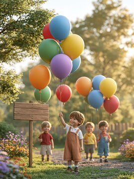 Joyful Kindergarten Celebration with Colorful Balloons in Nature