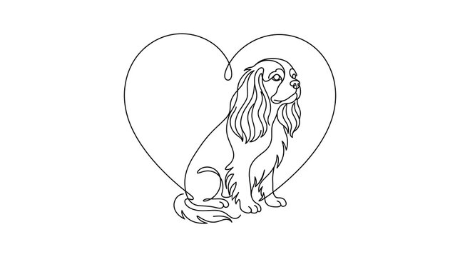 Cavalier King Charles Spaniel sitting inside heart shape line art vector illustration, minimal black outline dog love concept isolated on white background