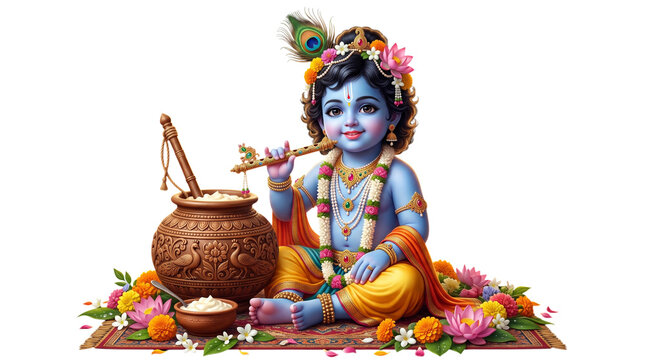 Baby krishna with flute and butter pot isolated on transparent background