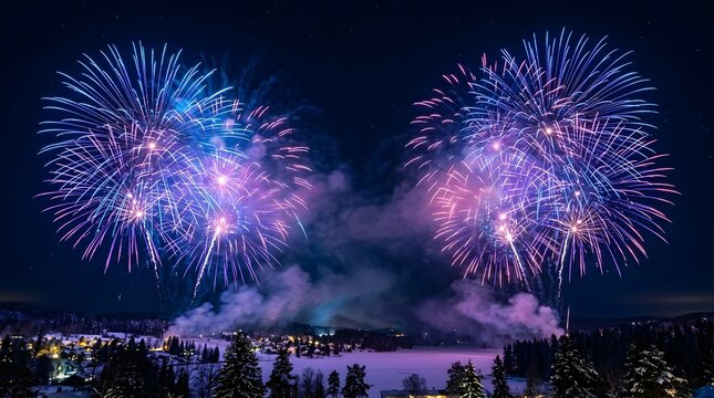 Bright purple and blue fireworks exploding in the night sky during a festive holiday celebration event