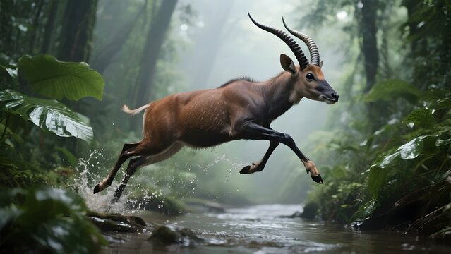 Rare Saola Antelope Jumping Through Dense Ancient Rainforest