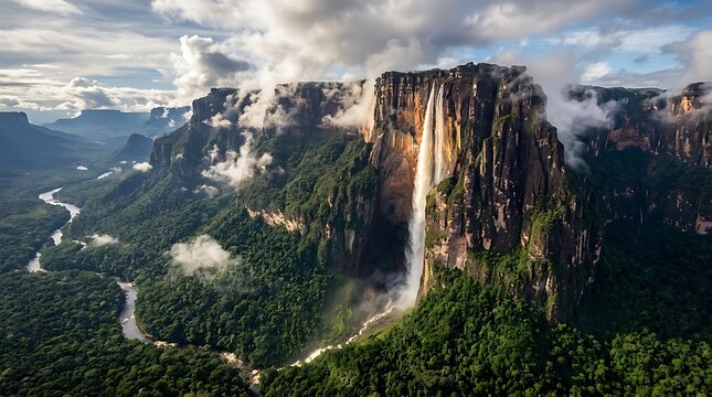 Angel falls waterfall flowing down a steep mountain cliff