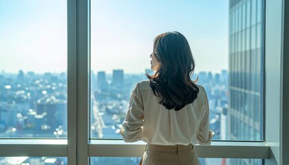 Fototapeta premium オフィスで窓の外を見る女性会社員 