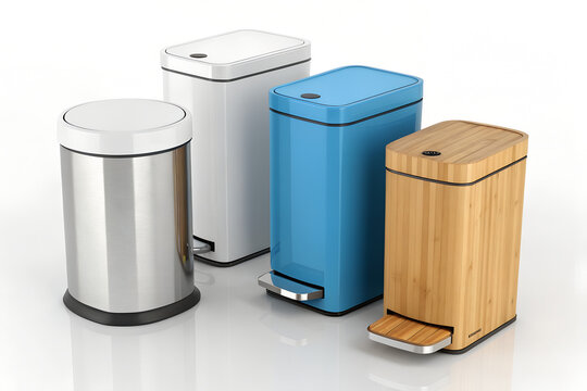 Assorted modern household dustbins with pedal mechanisms in different colors