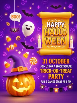 Happy halloween party invitation poster with pumpkin, witch hat, scroll and candy (91 characters)