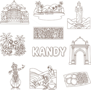 Kandy Sri Lanka Cultural Landmarks and Heritage Line Art Outline Vector Set