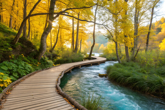 Wooden boardwalk winding through autumn forest alongside flowing river