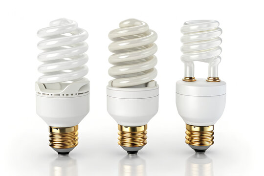 Three spiral energy saving light bulbs arranged in a row on white background