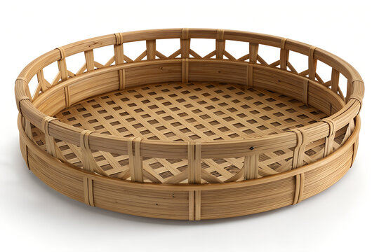 Empty round woven rattan serving tray with open lattice pattern design
