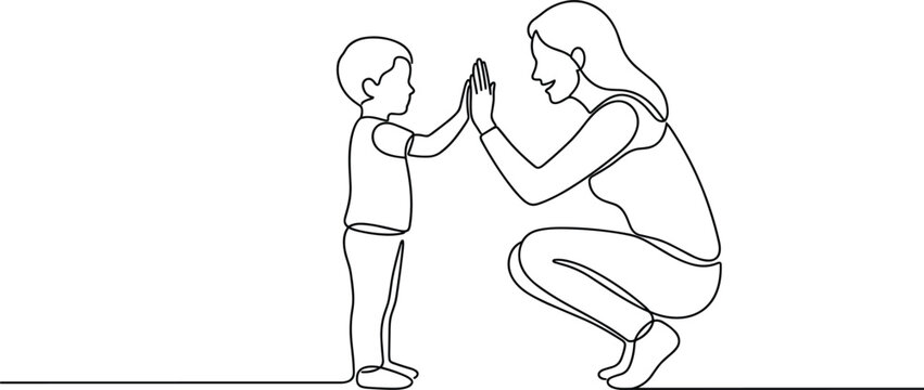 Continuous One Line Drawing of Mother Giving High Five to Her Toddler Son for Happy Parenting Motherhood Family Bonding and Child Development Concept Designs