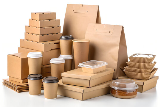 Assorted kraft paper food packaging containers boxes and cups with coffee cups
