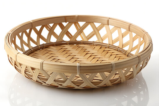 Empty round woven bamboo basket isolated on white background with wicker basket