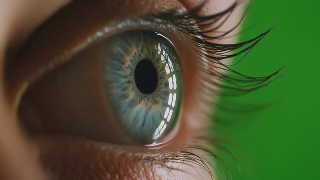 Extreme close-up of a blue and green iris with long lashes against a green screen background, presented in a three-panel layout.