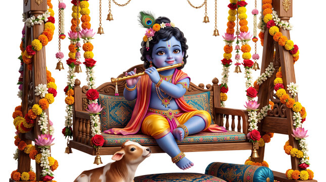 Baby krishna playing flute on a decorated swing isolated on transparent background
