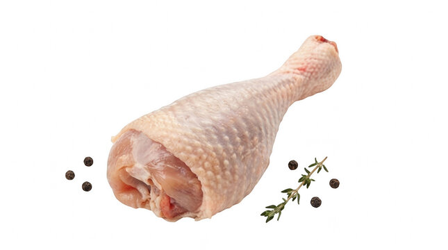 Fresh raw chicken drumstick leg piece with black pepper and green thyme leaves for cooking a delicious healthy meal isolated on transparent background
