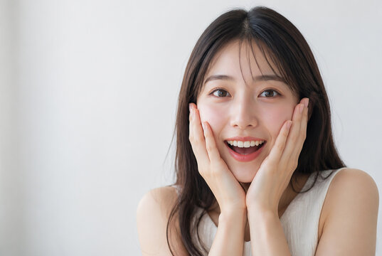 頬に手を当てて驚く笑顔の若い女性 Generative AI