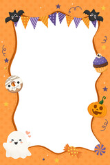 Fototapeta premium Cute Orange Halloween Frame with Garland Flags and Ghost. Cute orange polka dot Halloween vertical frame decorated with party garland flags, smiling ghost, bat, mummy donut, skull cupcake, pumpkin.