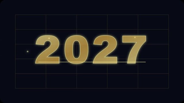 Shimmering golden 2027 digits dynamically illuminate and animate across a sophisticated dark digit grid, symbolizing future grid, symbolizing future trends and data progress video