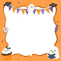 Fototapeta premium Festive Halloween Frame with Party Buntings, Bats, and Reading Ghost. Ideal for Halloween parties, school events, or fun announcements.