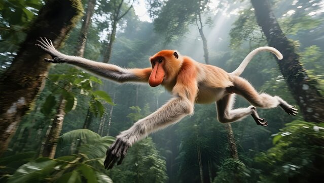 Close Up Proboscis Monkey Flying Between Rainforest Canopies