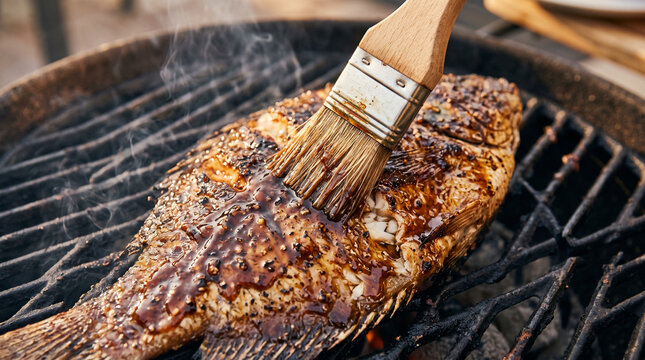 Brushing sauce on the grill fish barbecue