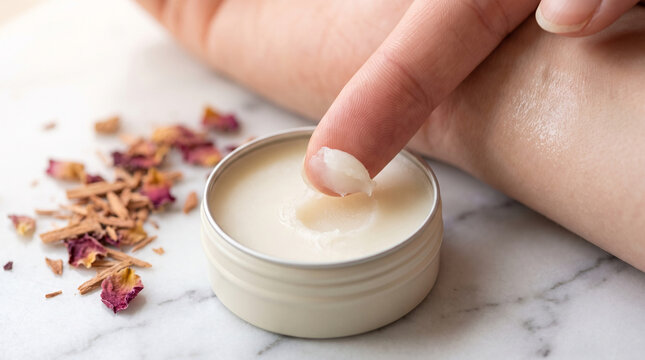 Macro close-up of a fingertip swiping organic solid perfume balm from a metal tin with natural botanical ingredients