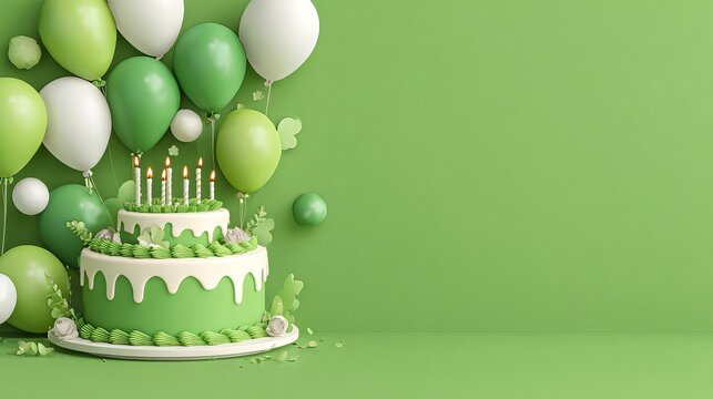 3d green and white birthday cake with candles and balloons